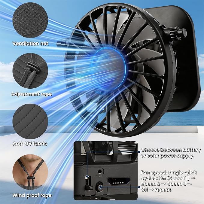 Solar Powered Fan hat with 2 USB Charging Removable Fans Wide Brim Sun Cooling in Them Sun for Adults Protection Fishing Beach Gardening with Earplugs