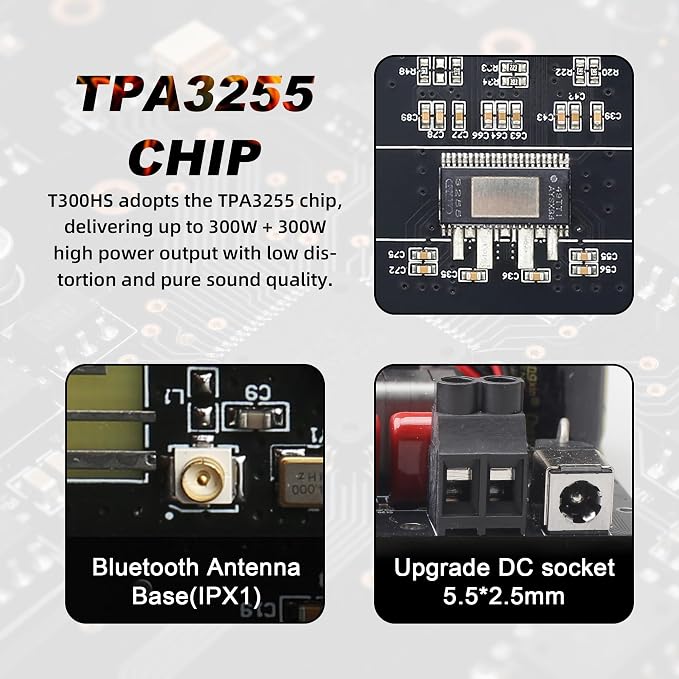 600W Audio Amplifier Board with Treble and Bass Control, TPA3255 Chips, DC 19-51V, Bluetooth 5.2 and AUX Inputs, 2.0 Channel Stereo AMP Board for DIY Wireless Speakers
