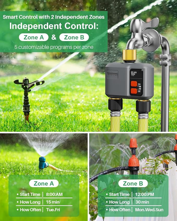 WiFi Sprinkler Timer 2 Zone with 984 Feet RF Gateway/Brass Inlet & Outlet, 2 Outlet Smart Water Timer for Garden Hose with Rain Delay/Manual/Automatic,WiFi Water Hose Timers for Garden & Lawns