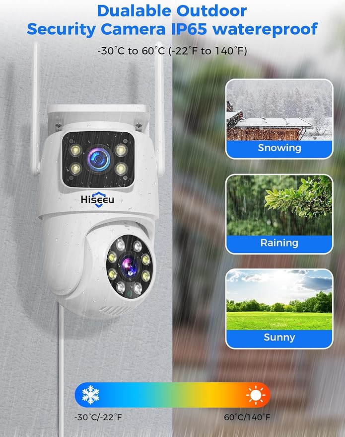 Hiseeu WiFi Security Camera Dual Lens 5G/2.4G WiFi PTZ Camera Outdoor,Power Cord,IP65 Waterproof Motion Tracking,Color Night Version, No-Monthly Fees