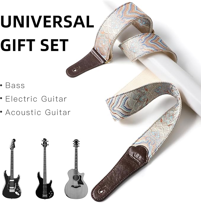 Guitar Strap, Electric& Acoustic Bass Guitar Straps,Embroidered Filament with Head Cowhide Leather Strap, with Free Strap Button,2 Guitar Strap Locks，4Guitar Pick (Blue Water Pattern)