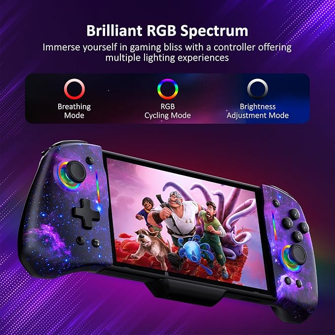 NexiGo Hall Effect Gripcon (No Drift, No Deadzone) with Hall Sensing Joystick for Switch/Switch OLED, Adjustable RGB Light, 6-Axis Gyro, Turbo, Mapping (Cosmic Nebula)