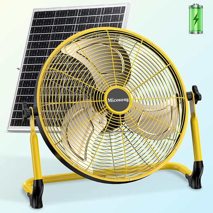 18'' Portable Solar Powered Floor Fan, Cordless Camping Fan Outdoor, Long Lasting Rechargeable Battery Operated Fan, 360° Tilt, USB Output, Wireless, for Home Gazebo Greenhouse Outside Gym