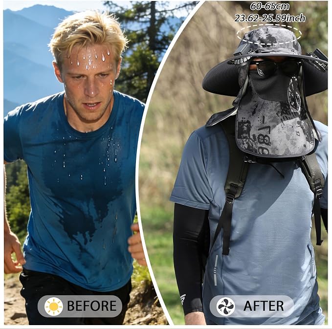 Wide Brim Solar Fan Hat for Men Women, 2026 3-in-1 Detachable Solar Powered Fan Hat, with Removable Neck Cap and Face Mask