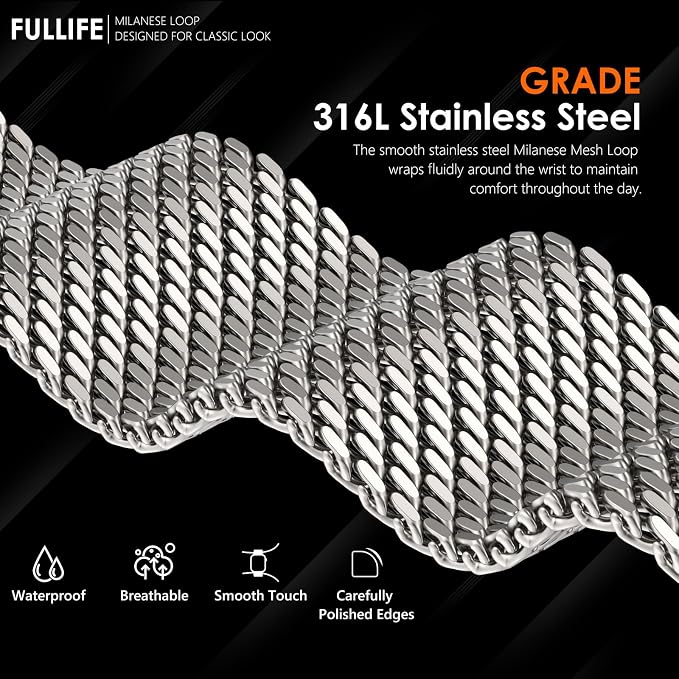 FULLIFE Milanese Mesh Loop for Apple Watch Band Apple Watch Ultra 3/2/1 Band 49mm 46mm 45mm 44mm Men Women, Stainless Steel Metal Band Parachute-style Buckle for iWatch Series 11 10 9 8 7 6 SE3 5 4 3