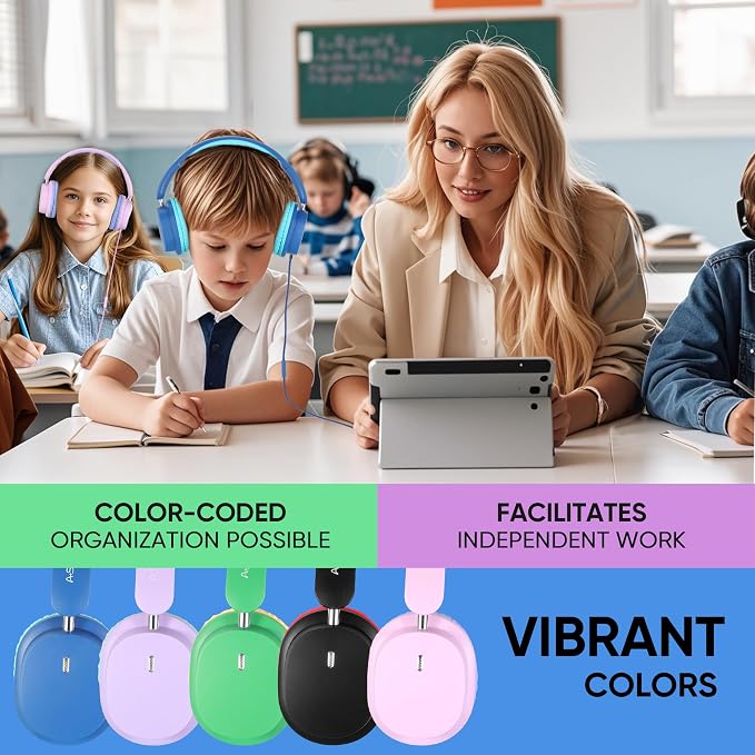 Kids Headphones Bulk 5 Pack for School, HD Mic Stereo Sound Over-Ear Headphones for Classroom, Comfortable Fit, Foldable, 3.5mm Jack Wired Headphones for Kids ipad Tablets Computer Travel