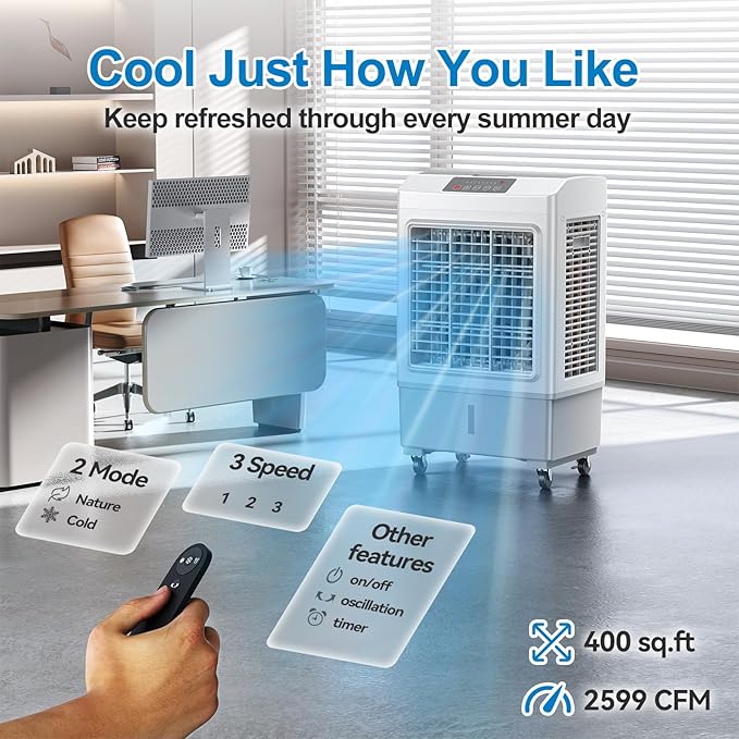 Windowless Swamp Cooler, 3 in 1 Evaporative Portable Air Conditioner with Remote, Cooling Fan Ac Unit,3 Speed, 24H Timer, 5.3 Gal Water Tank, 4 Ice Box for Garage, Patio, Bedroom Home Office Outdoor