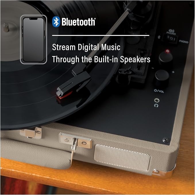 Crosley CR8005F-TE Cruiser Plus Vintage 3-Speed Bluetooth in/Out Suitcase Vinyl Record Player Turntable, Taupe