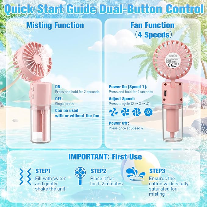 12 Pack Misting Fans Portable Handheld Rechargeable Handheld Spray Fans with 25ml Water Tank 4-speed Personal Cooling Fan, Usb-c Mini Hand Fan for Travel Outdoor Sports Camping Office Home