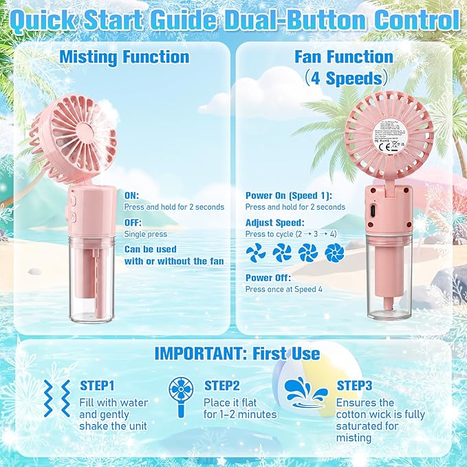 4 Pack Misting Fans Portable Rechargeable Handheld Spray Fans with 25ml Water Tank 4-speed Personal Cooling Fan, USB-c Mini Handheld Fan for Travel Outdoor Sport Office Home Summer Gifts