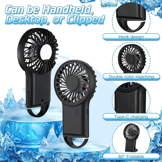 VIHOSE 8 Pcs Portable Hanging Fan, 3 Speeds Personal Rechargeable Desk Hand Held Small Fan with D Metal Hook for Cooling Small Personal Hands Outdoor Travel (Black)