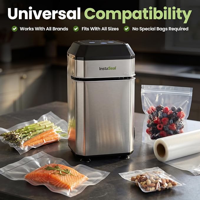 InstaSeal Vacuum Sealer for Food with 12 Bags, Preserves Foods 5x Longer, Space Saving Compact Upright Design Allows Machine to Seal Marinades, Soups, Meats for Sous Vide Cooking, Vegetables