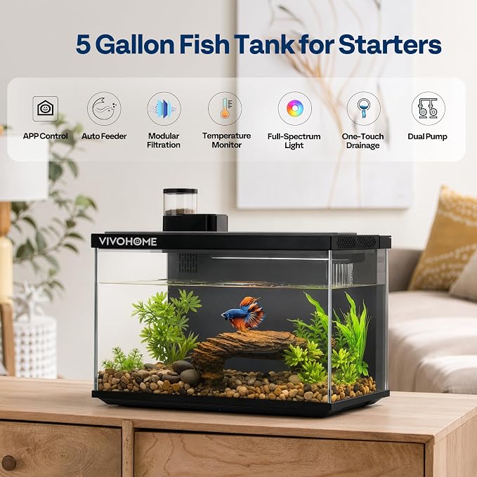 5 Gallon Smart Fish Tank with APP Control, Aquarium Starter Kit with Auto Feeder, Temperature Display, RGB LED Light, Self Cleaning Betta Fish Tank for Desktop