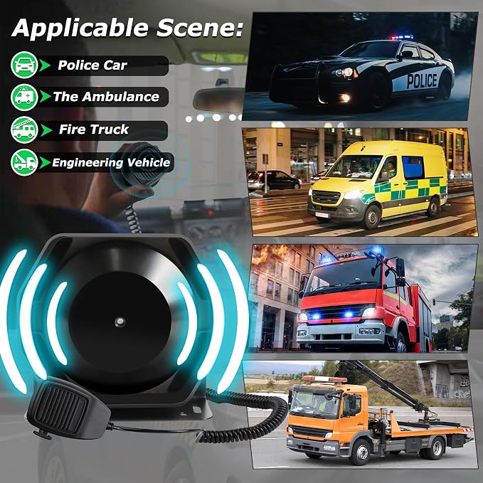 Police Siren for Car 8 Tones Warning Emergency Siren PA System with Handheld Microphone 12V 200W for The Ambulance,Fire Truck,Engineering Siren for Vehicle