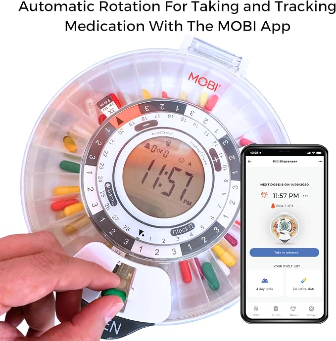 MOBI Smart WiFi Automatic Pill Dispenser with Alarm & Lock – 28 Day Smart Medication Organizer for Elderly & Caregivers – WiFi App Control, Sound & Light Alerts, UV Lid, for Perscriptions & Vitamins