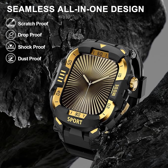 DABAOZA Rugged Case with Band Compatible with Apple Watch 46mm, for iWatch Series 11/10,Military Grade Shockproof Bumper and Men's Tactical Heavy Duty Strap(Black/Gold,46MM)