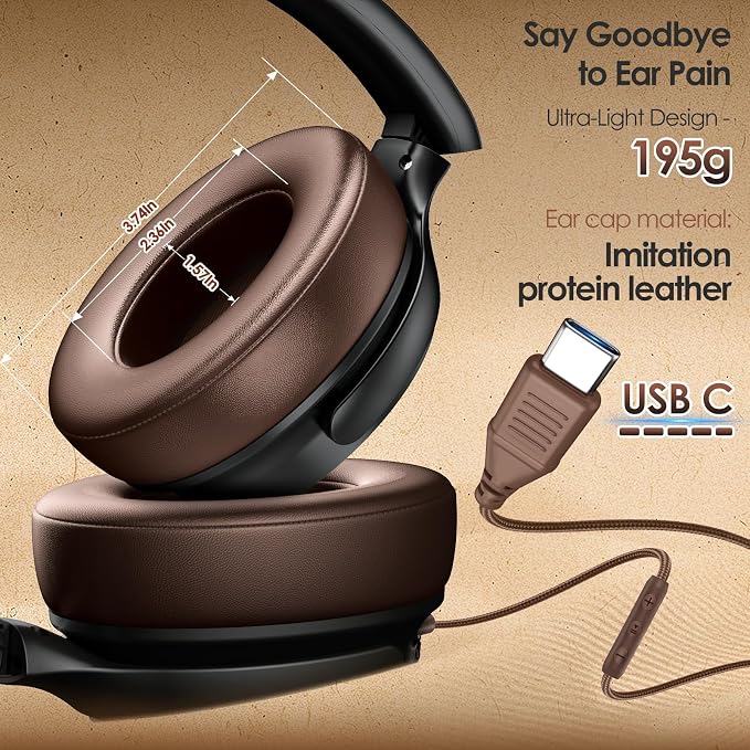 USB C Headphones Wired Headphone Over Ear with Microphone, Lightweight Only 195g, Active Noise Canceling Headphone for iPhone/iPad/Sports/School/Travel, Brown Headphones Plug and Play-Ideal Gifts
