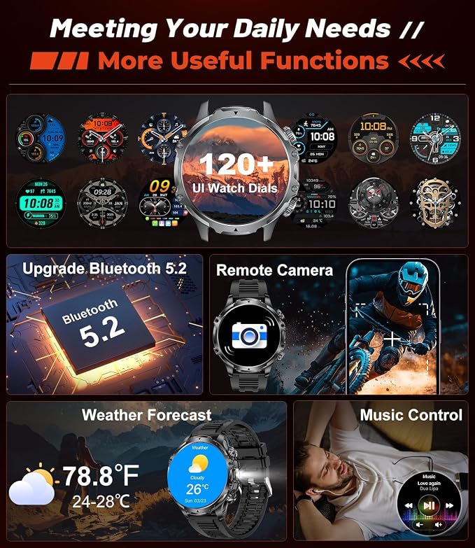 SUNKTA Military Smart Watch for Men Answer/Make Call, 1.85'' HD Rugged Smartwatch with 800mAh Battery/Flashlight/Heart Rate/110+ Sports Mode, IP68 Waterproof Fitness Tracker Watch for Android iPhone