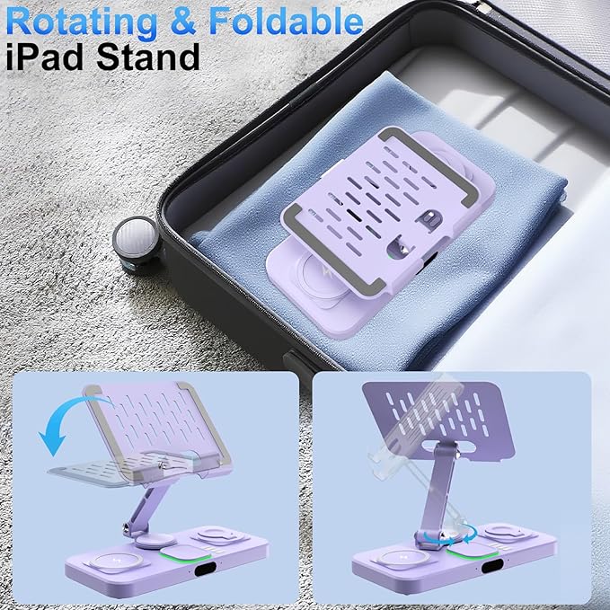 6 in 1 Wireless Charger for Apple Multiple Devices, Charging Station with Clock &7 Color Ambient Light, Foldable Rotate Stand for iPad, for iPhone17/16/15, Support for Apple Watch11/10 for AirPods4