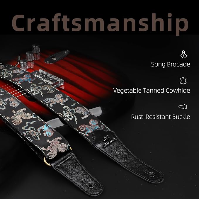 Guitar Strap, Electric& Acoustic bass guitar straps,embroidered filament with Head Cowhide Leather strap, with Free Strap Button,2 guitar Strap Locks，4Guitar Pick (birds and flowers)