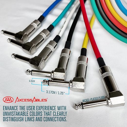 AxcessAbles 1/4" Right Angle Amp Cords for Bass & Electric Guitar - Premium OFC Copper Wire | 3ft Right Angle to 1/4 Inch TS Straight Instrument Cable| Multi-Color Amp Cables (3ft, 6 Pack)