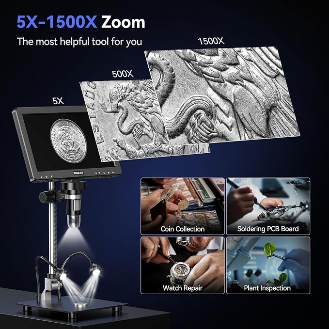 TOMLOV DM9 Max Digital Microscope: 20MP 10.1" 1500X HD IPS Coin Microscope Magnifier for Error Coins with Screen, LCD Soldering Microscopes for Adults, 10 LED Lights, PC Compatible, 16GB