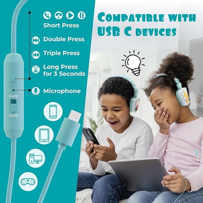 Kidrox® Kids Headphones Wired LED Lights with Microphone, Durable and Flexible, Volume Limited 85/94db Kid Safe Dinosaur Headphones for Kids, Perfect for School or Travel. USB C Wired