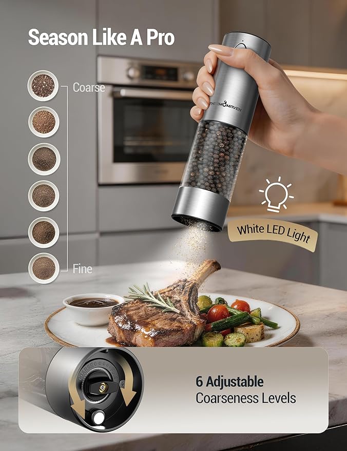 ThermoMaven Electric Salt and Pepper Grinder Set, 110ml Larger Rechargeable Automatic Salt and Pepper Mill Grinder with 6 Adjustable Coarseness, Electric Salt and Pepper Shakers, LED, Matcha