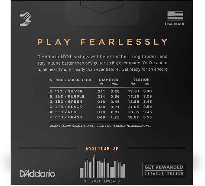 D'Addario Electric Guitar Strings, NYXL Nickel Plated, NYXL1046-3P, Regular Light Gauge 10-46, 6-String Set, Pack of 3