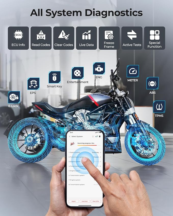 Motorcycle Scanner Bluetooth TOPDON TopScan, Motorcycle Scan Tool Fits for Harley, Ducati, BMW & Japan Brands, All Systems Motorbike Scanner Tool with Reset Functioan, Data Stream, AutoVIN
