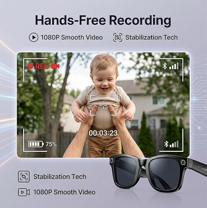 AI Smart Glasses with Camera, 1080P HD POV First-Person View Video Recording and Translator, AI Object Recognition, Bluetooth Audio, 290mAh Battery, Photochromic Lenses for Sports, Travel, Work