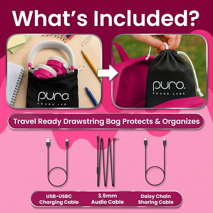 Puro Sound Labs JuniorJam Plus Volume-Limiting Wireless Bluetooth Headphones for Kids, Secure Audio with Adjustable On-Ear Design, 22-Hour Battery Life, Ideal for Tablets, Smartphones & PCs - Pink
