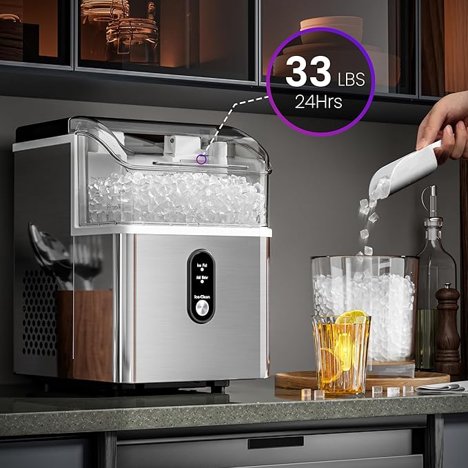Kismile Portable Nugget Ice Maker Countertop, 33Lbs/Day Pebble Ice Machine with Self-Cleaning Function, Chewable Sonic Ice Maker with 1.1L Water Tank for Home Kitchen Office Bar