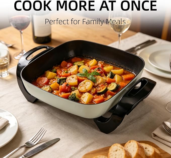 12" Ceramic Nonstick Electric Skillet with Tempered Vented Glass Lid, Scratch-Resistant Surface, Cool-Touch Handles, Removable Easy-to-Clean Design, 1200W, Vibrant Green