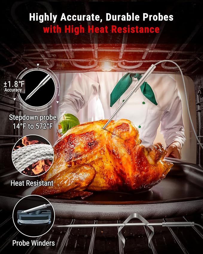 TempPro TP826 500FT Wireless Meat Thermometer, Dual Meat Probe Cooking Thermometer with HI/Low Alert, Food Grill Temperautre Probe for BBQ, Smoker, Oven, Grilling Gift (Previously ThermoPro)