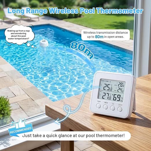 Wireless Pool Thermometer Floating with Indoor Receiver, IP67 Waterproof Digital Water Temperature Sensor with Backlight Screen, 260ft Range Remote Monitor for Pool, Hot Tub, Spa, and Indoor Humidity