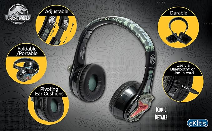 Jurassic World Bluetooth Headphones for Kids, Volume Reduced Wireless Headphones for School Home or Travel (Jurassic World)