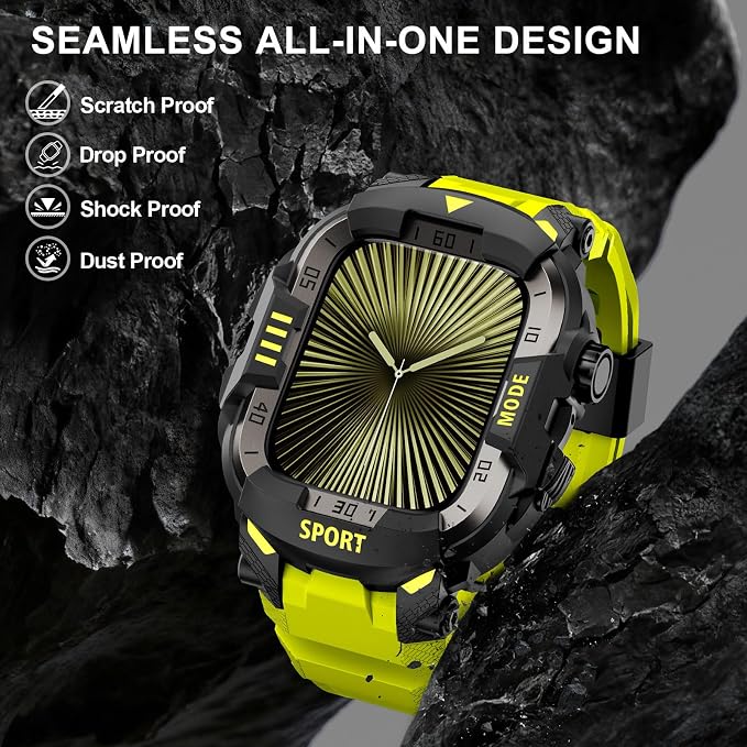 DABAOZA Rugged Case with Band Compatible with Apple Watch 46mm, for iWatch Series 11/10,Military Grade Shockproof Bumper and Men's Tactical Heavy Duty Strap(Fluorescent Green,46MM)
