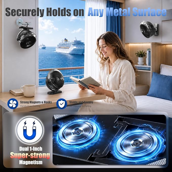 Magnetic Cruise Ship Approved Fan, 12000mAh Battery Golf Cart Fan with Power Bank Function, Cold Mist Spray, LED Lights, Timer, Travel Fan for Golf Cart, Camping, Cruise Must Haves Essentials 2026