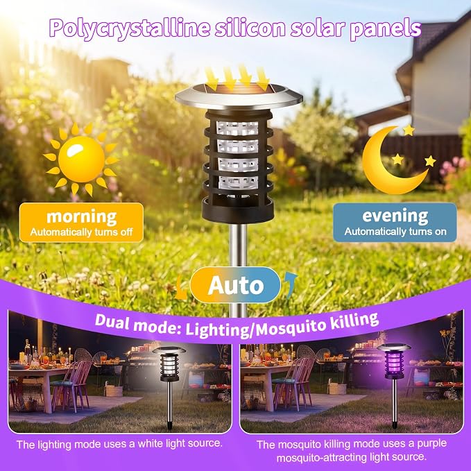 2 Pcs Solar Bug Zapper Outdoor Waterproof Mosquito Repellent Light Solar Power Fly Killer lamp for Moths, Gnats, Fly Small Flying Insect Backyard Garden (Plastic,Purple & White Light)