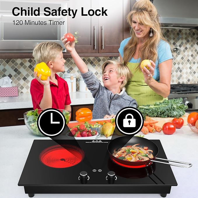 VBGK Electric Cooktop,2400W Electric Stove Top,Countertop and Built-in Hot Plate with Child Safety Lock, Timer, LED touch Knob Control,Overheat Protection,110V 2 Burner Induction Cooktop