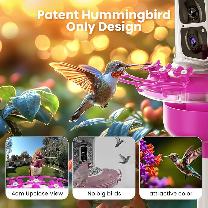 Soliom Hummingbird Feeder with Camera, Smart Feeder Camera with 2K Live View AI Identify, Leak Proof&Ant Moat&Bee Proof, Outdoor Pole/Hook Hanging, Ideal Gift for Family, 16 OZ Pink