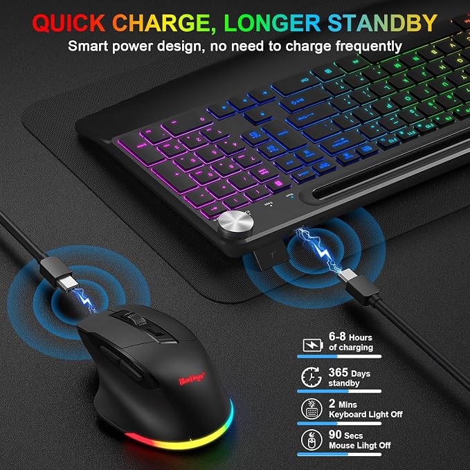 BlueFinger Wireless Keyboard and Mouse Combo Backlit, 2.4G Rechargeable Ergonomic Gaming Keyboard with Wrist Rest, Phone Holder, Volume Knob, Silent Light Up Keyboard with Mouse for Computer Laptop