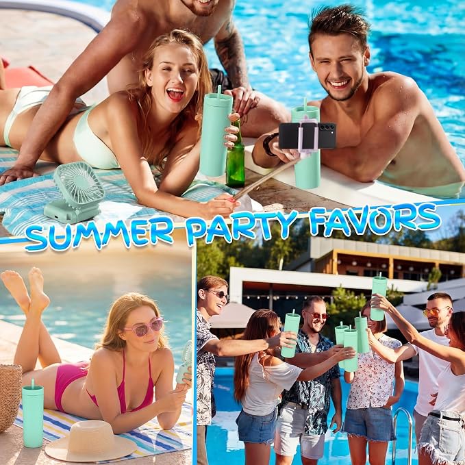 Reallnaive 12 Pcs Skinny Tumbler Bulk and Mini Portable Fans Set for Summer, 16 oz Plastic Cups with Lids Straws and Small USB Rechargeable Handheld Fan for Cooling Gift (Green)