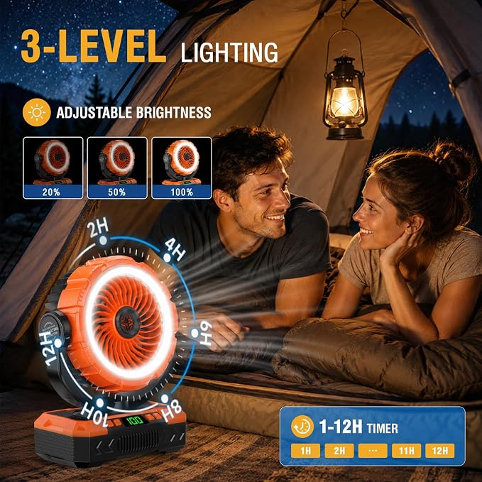 Rechargeable Solar Powered Camping Fan & Auto Oscillating, 【60H Runtime】Battery Powered Fan, Portable Outdoor Fan,5 Speeds,3 Lights,12H Timer for Travel, Fishing,Jobsite,Beach,Camping Essential