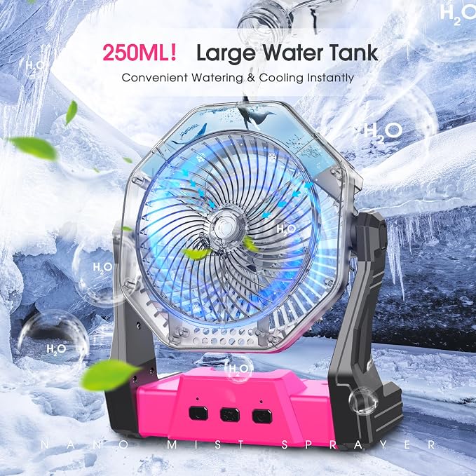 Ausic Portable Misting Fans, [Max 35H Runtime] Pink Outdoor Cooling Fan for Patios, 8 Inch Battery Operated Rechargeable Fans, Water Spray Fan with LED Light for Pets/Travel Beach Camping Essential
