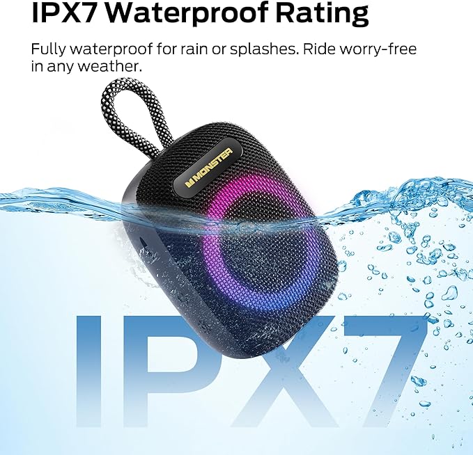 Monster S300 Portable Bluetooth Bike Speaker, IPX7 Waterproof Wireless Shower Speaker with RGB Lights, 10H Playtime, Loud Sound, Bluetooth 6.0, Bike Accessories, TWS, for Outdoors/Travel/Home, Black