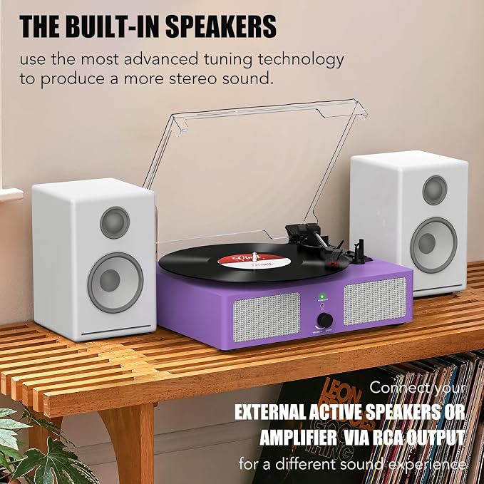 Vinyl Record Player with Built-in Speakers and USB,Belt-Driven Bluetooth Turntable with 3 Speed AUX Input Headphone Jack and RCA Output Vintage Wooden Purple