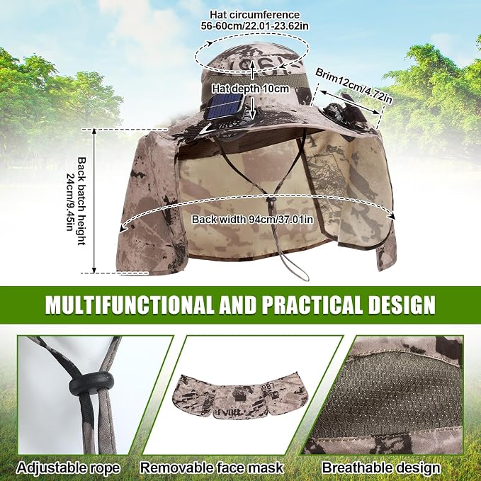 Chuarry Wide Brim Sun Hat with 2 Solar Fans and Neck Flap Outdoor Solar Powered USB Charging Bucket Fishing Hat for Men Women