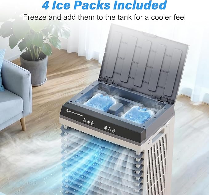 Portable Evaporative Air Cooler, 1800CFM Swamp Cooler with 5.5 Gallon Top Fill Tank, 4 Ice Packs, 120° Oscillation, 3 Speeds, 12 Hour Timer, Remote, for Home Office Bedroom
